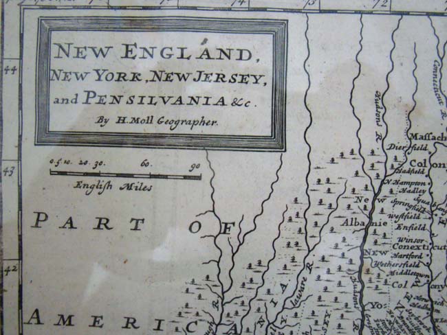 A Map of New England, New York, New Jersey & Pennsylvania by Hermann Moll and published in 1708 — image 2